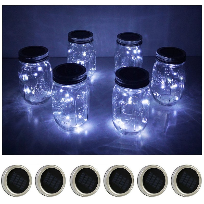 Decorman Solar Mason Jar Lid Lights, 6 Pack 10 LED Waterproof String Fairy Star Firefly Jar Lids Lights for Patio Garden Yard Lawn Party Wedding Christmas Decoration(Jars & Hangers Not Included) - Image 1